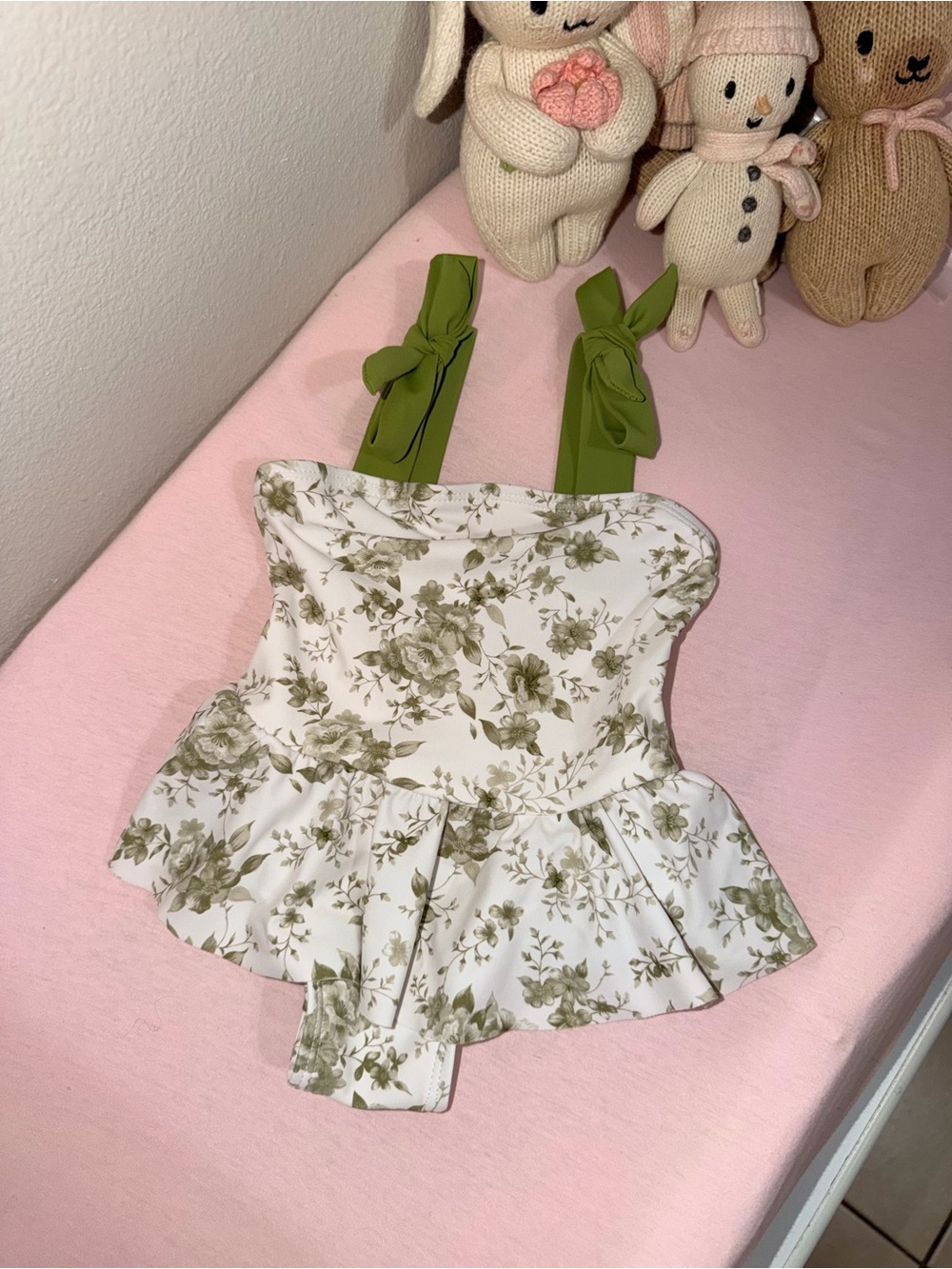 Edgehill Collection White Floral Peplum Dress with Olive Tie Straps